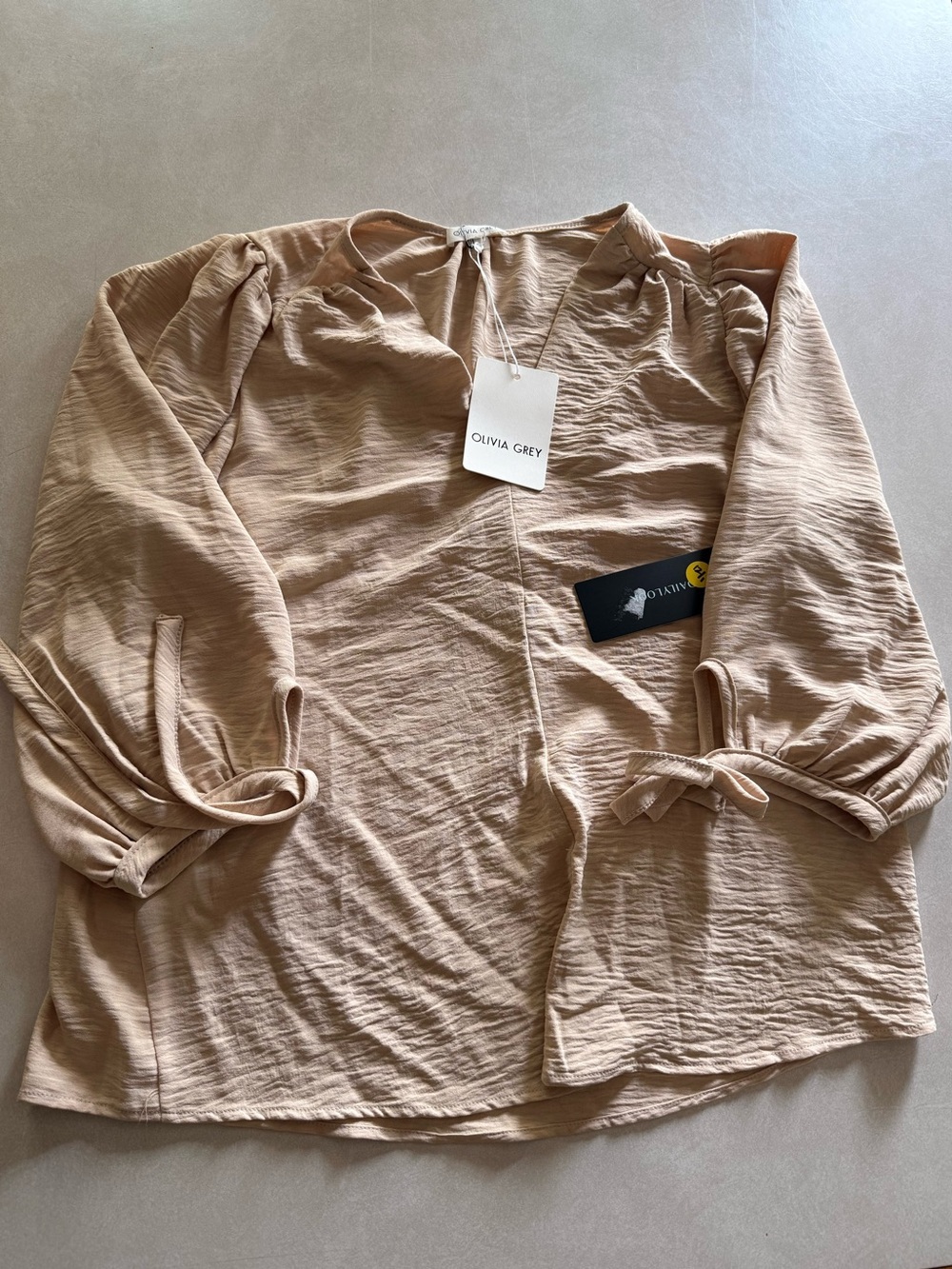 Olivia Grey V Neck Taupe Tie-Sleeve Blouse